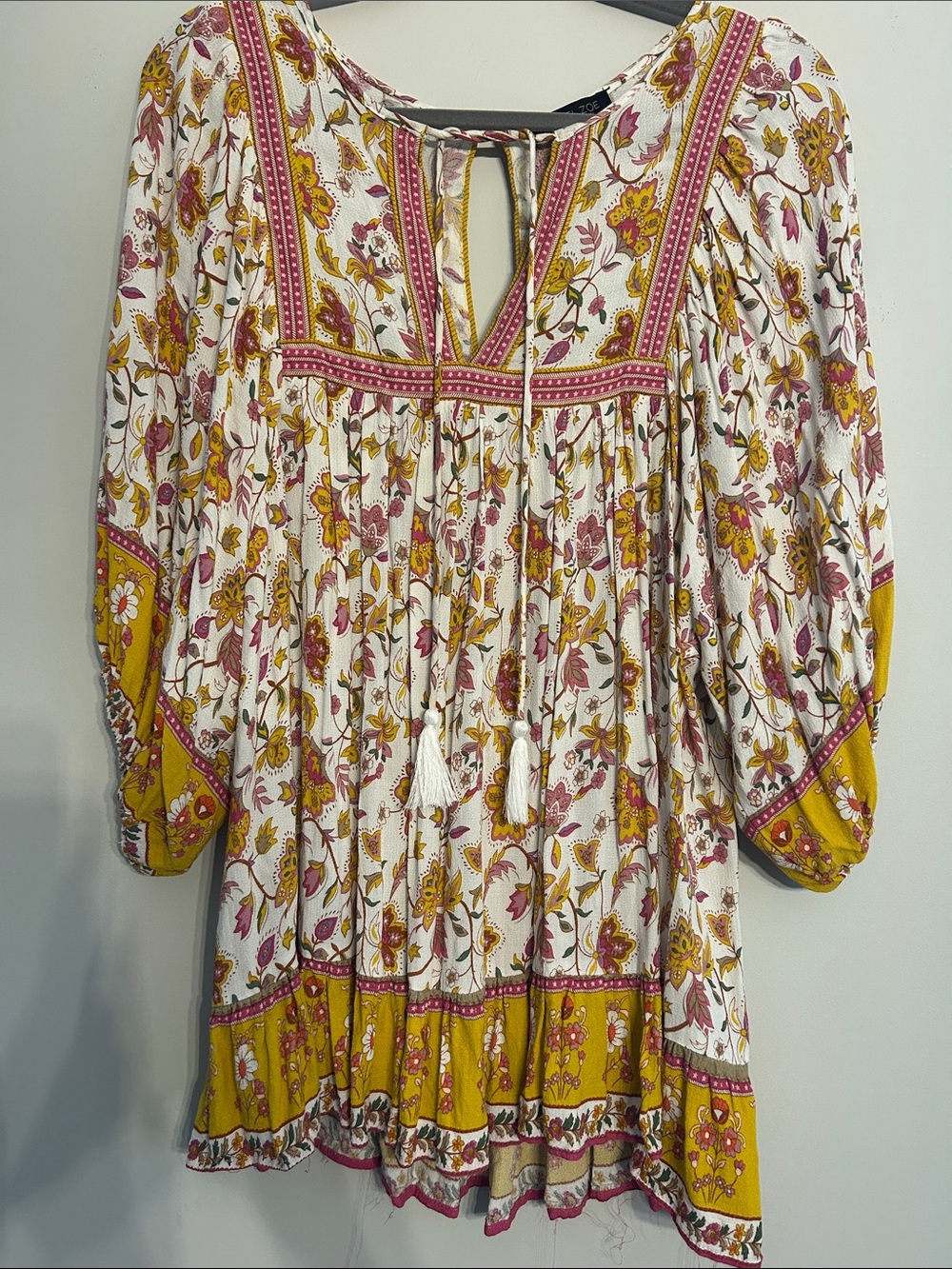 Rachel Zoe White Floral Tie-Neck Mini Dress with Mustard & Pink Accents